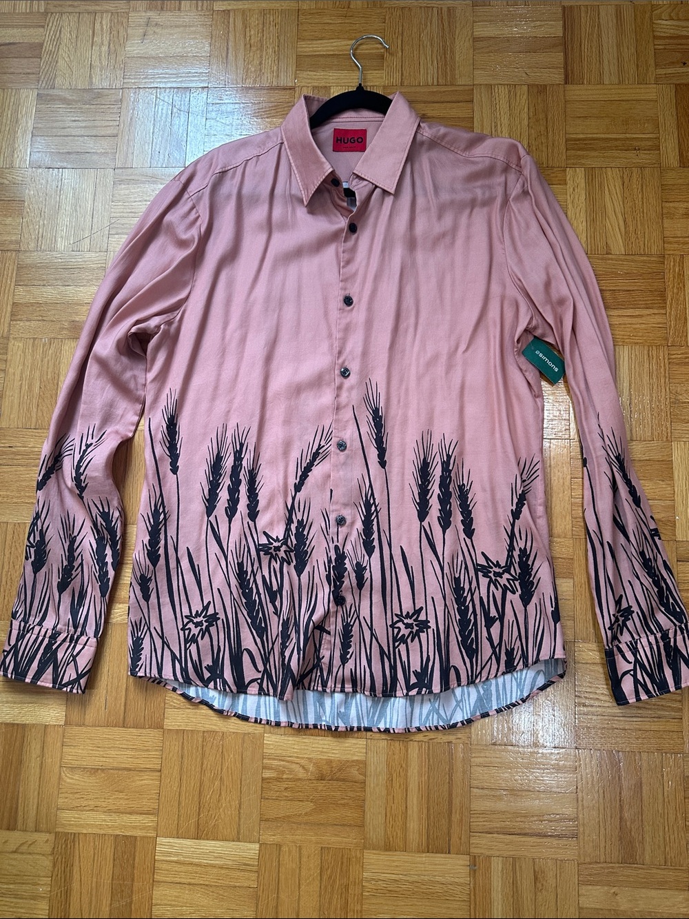 HUGO Dusty Pink Button-Down Shirt with Black Meadow Motif